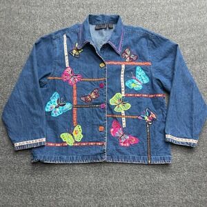 Denim Jacket Butterfly Appliqué Embroidered Jean Jacket Large Boho 90s Mom